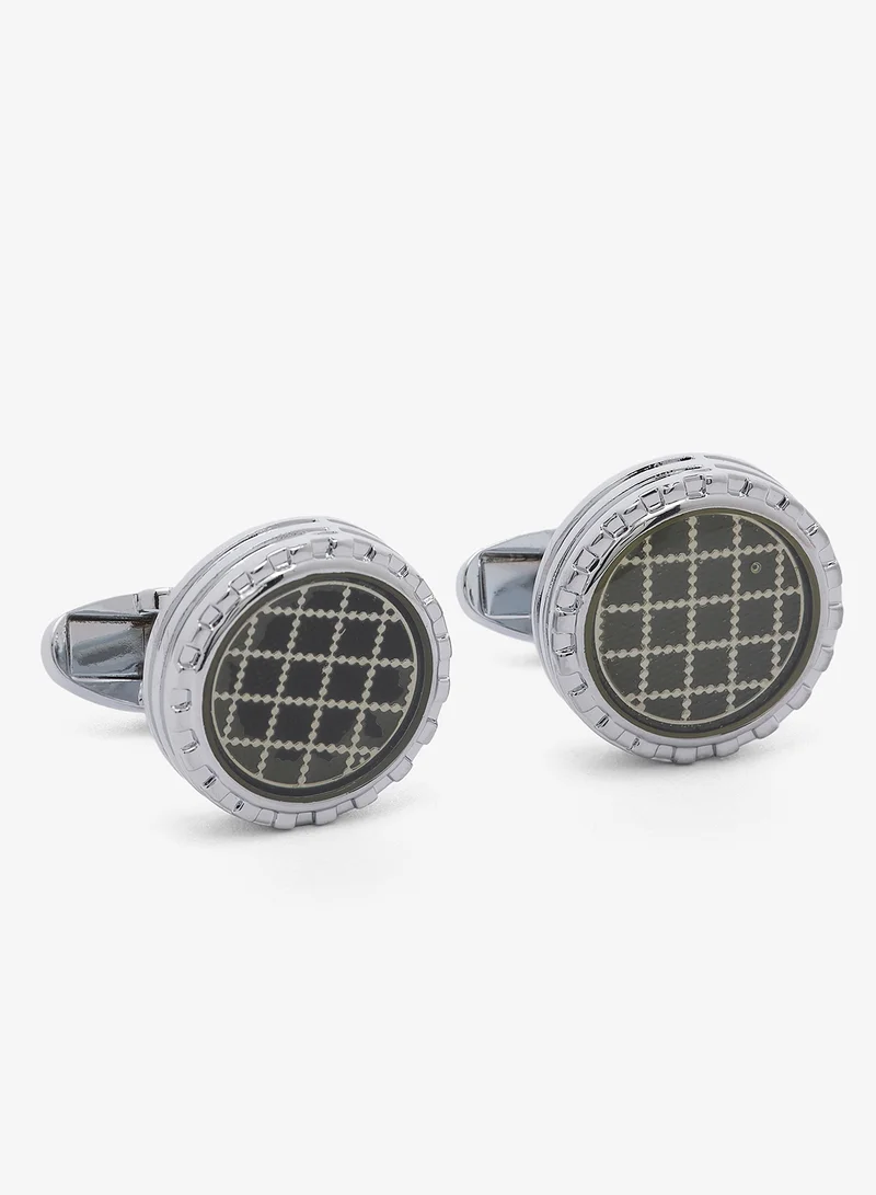 Silver polished round fretwork swivel-back Cufflinks